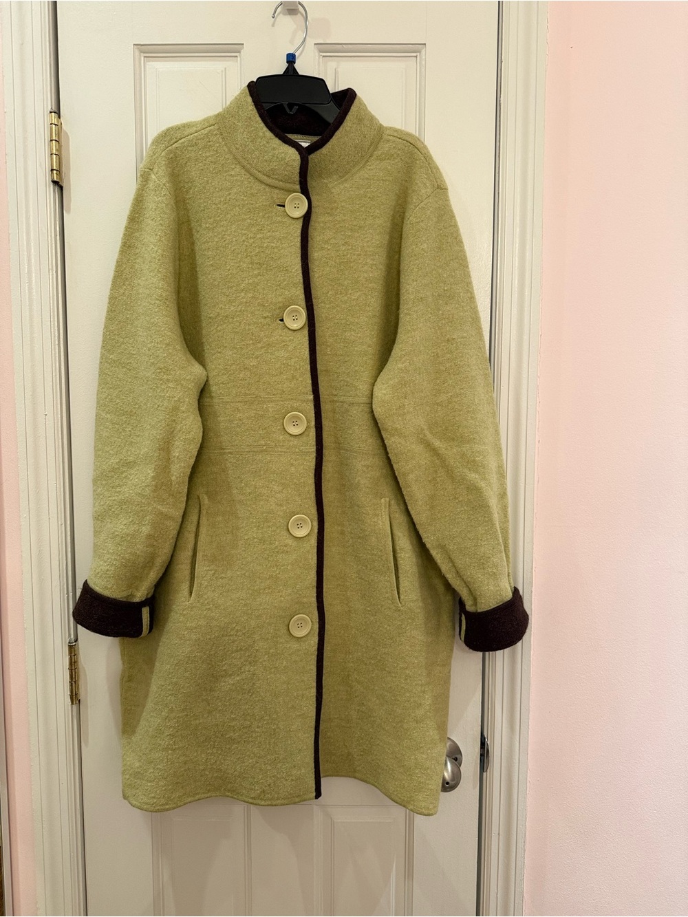 Emma James Olive Green Wool Coat with Dark Brown Trim